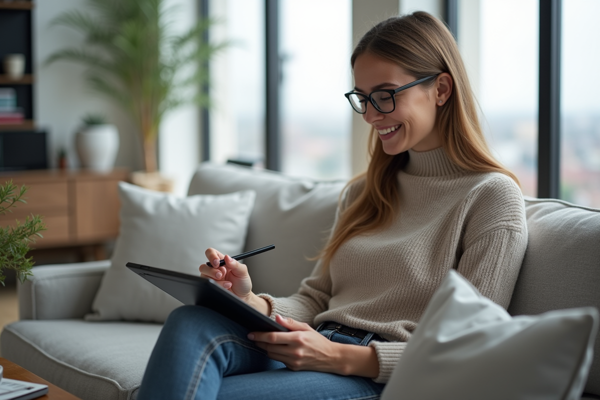 Femme détendue montrant un clavier détachable avec une tablette
