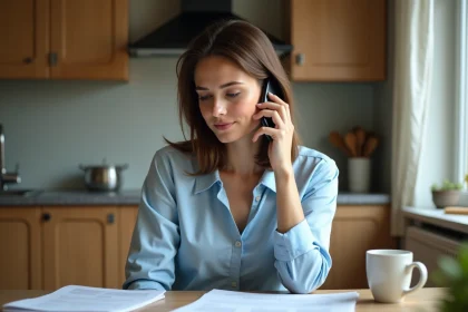 Femme assise à la cuisine parlant au téléphone