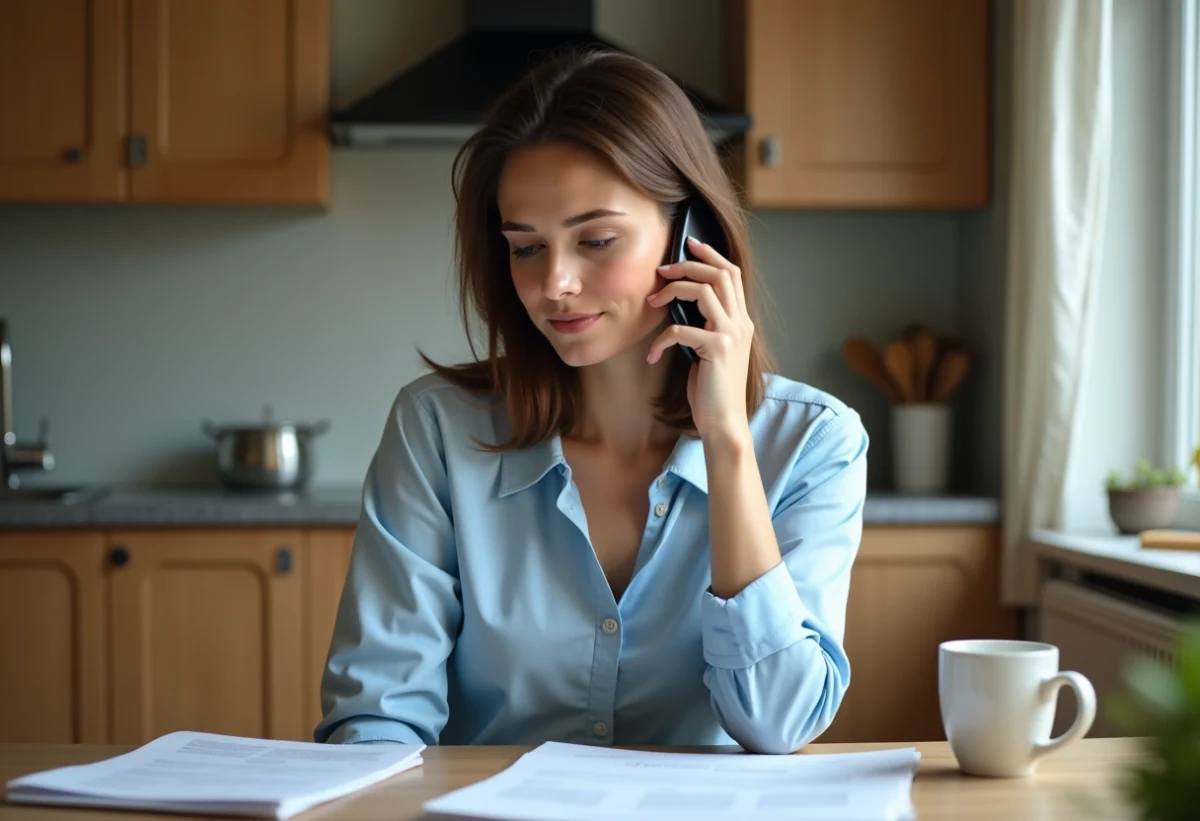 Femme assise à la cuisine parlant au téléphone