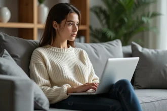 Jeune femme naviguant sur un site de streaming de films en ligne sur son laptop depuis son salon