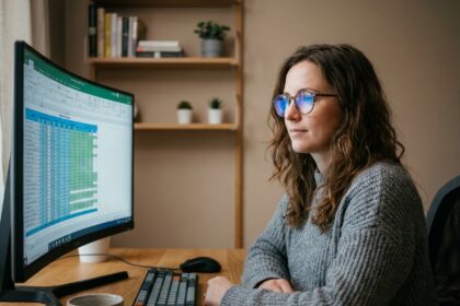 Femme en télétravail portant des lunettes à verres filtrant la lumière bleue devant un écran d'ordinateur