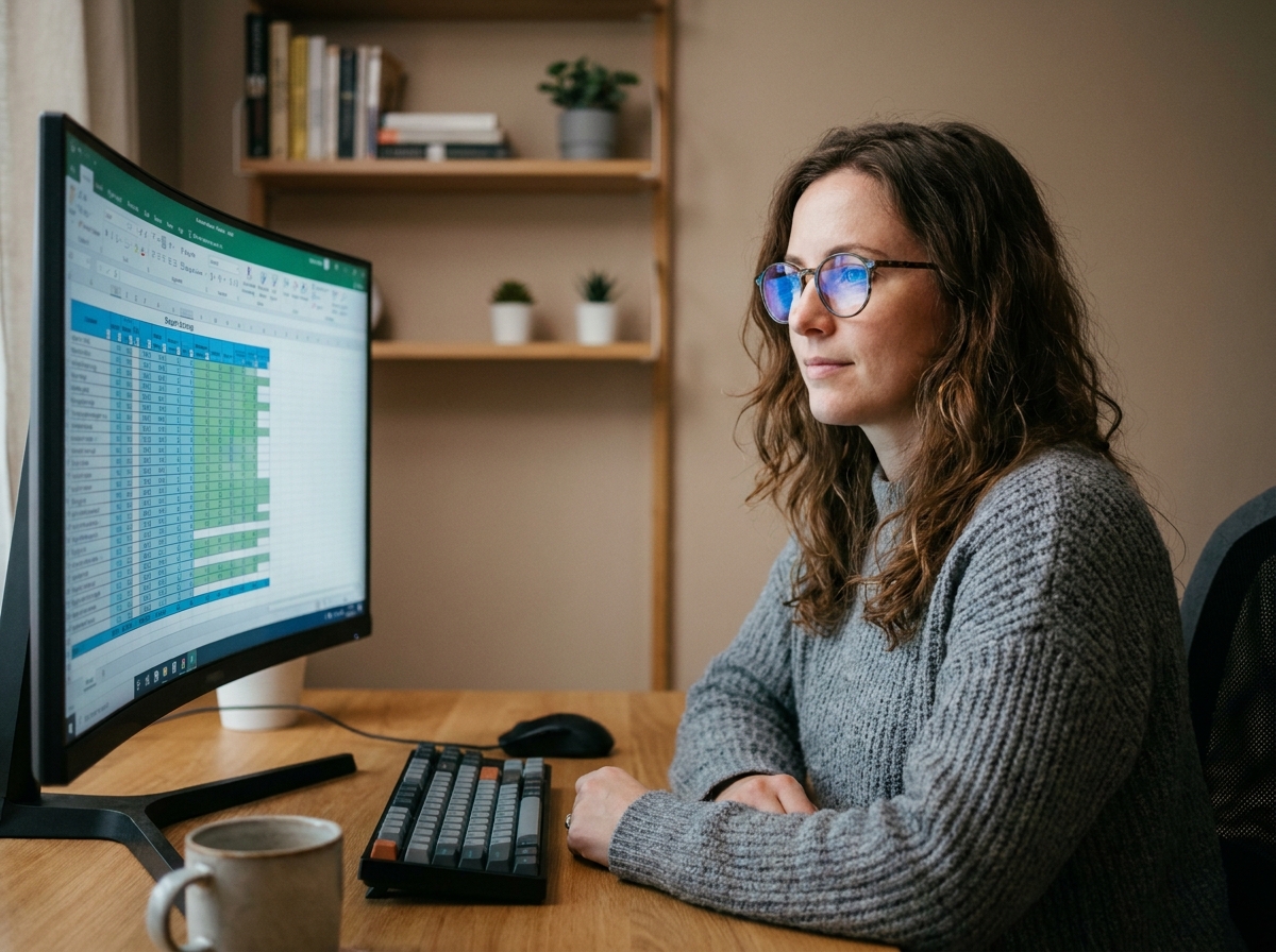 Femme en télétravail portant des lunettes à verres filtrant la lumière bleue devant un écran d'ordinateur