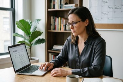 Femme concentrée sur son ordinateur dans un bureau à domicile