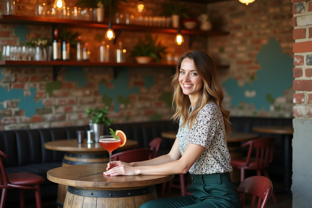 Jeune femme souriante dans un bar urbain à Toulouse