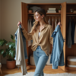 Femme stylée choisissant ses tenues dans un vestiaire moderne