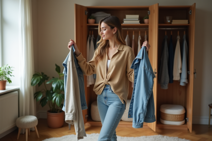 Femme stylée choisissant ses tenues dans un vestiaire moderne