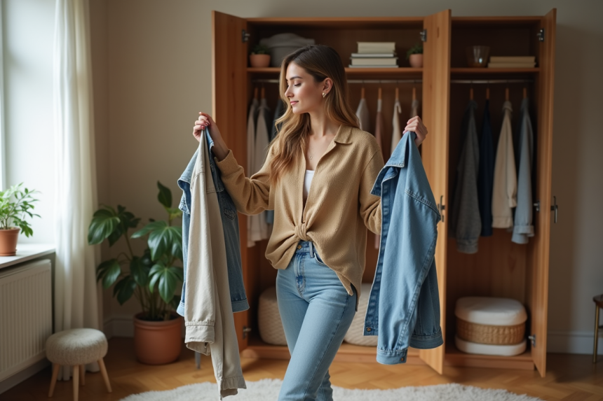 Femme stylée choisissant ses tenues dans un vestiaire moderne