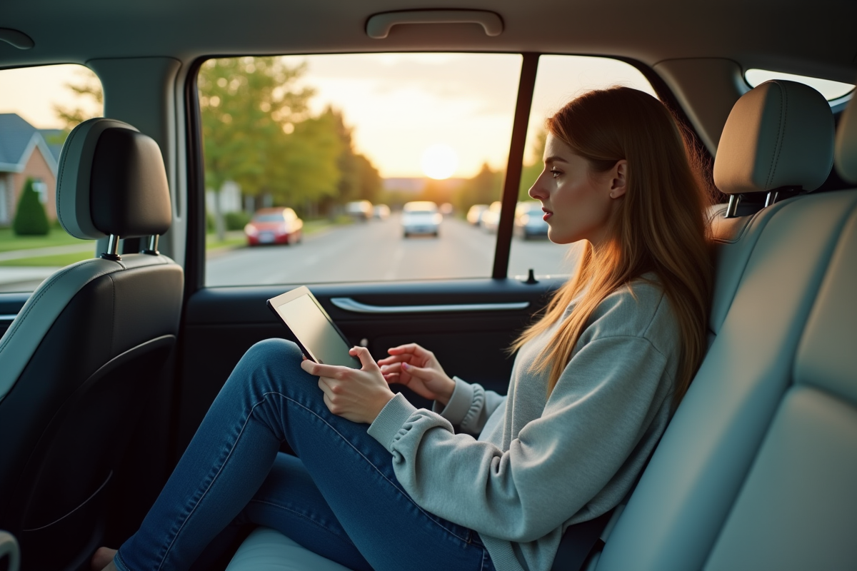 Jeune femme dans une voiture autonome en banlieue