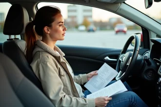 Femme dans une voiture urbaine en train de lire des documents