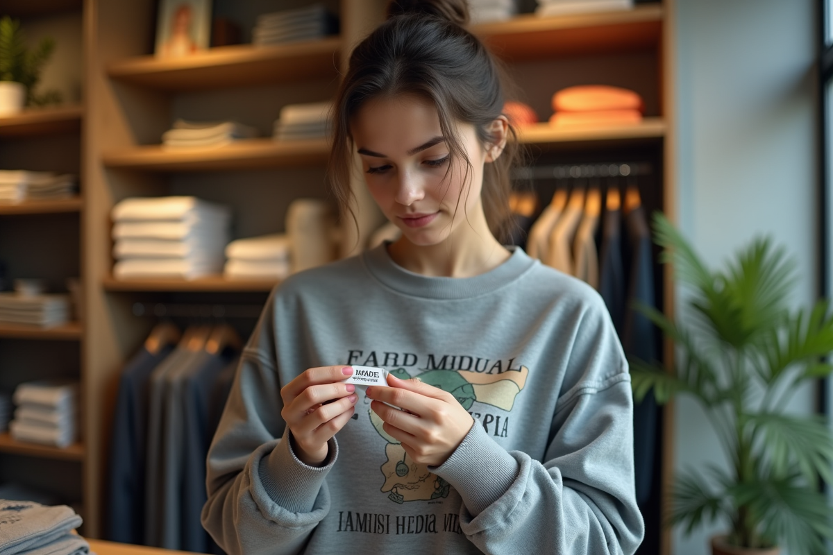 Femme examinant une étiquette de vêtement dans une boutique