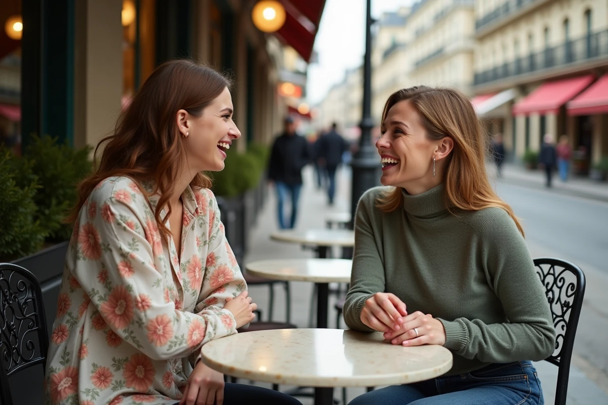 Deux femmes humoristes françaises riant ensemble à la terrasse d'un café parisien lors d'une conversation animée et complice