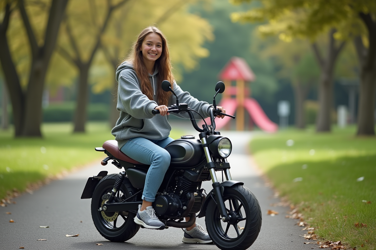 Fille en hoodie sur une moto 50cc dans un parc suburbain