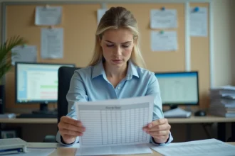 Fonctionnaire de catégorie C en bureau administratif consultant sa grille salariale imprimée