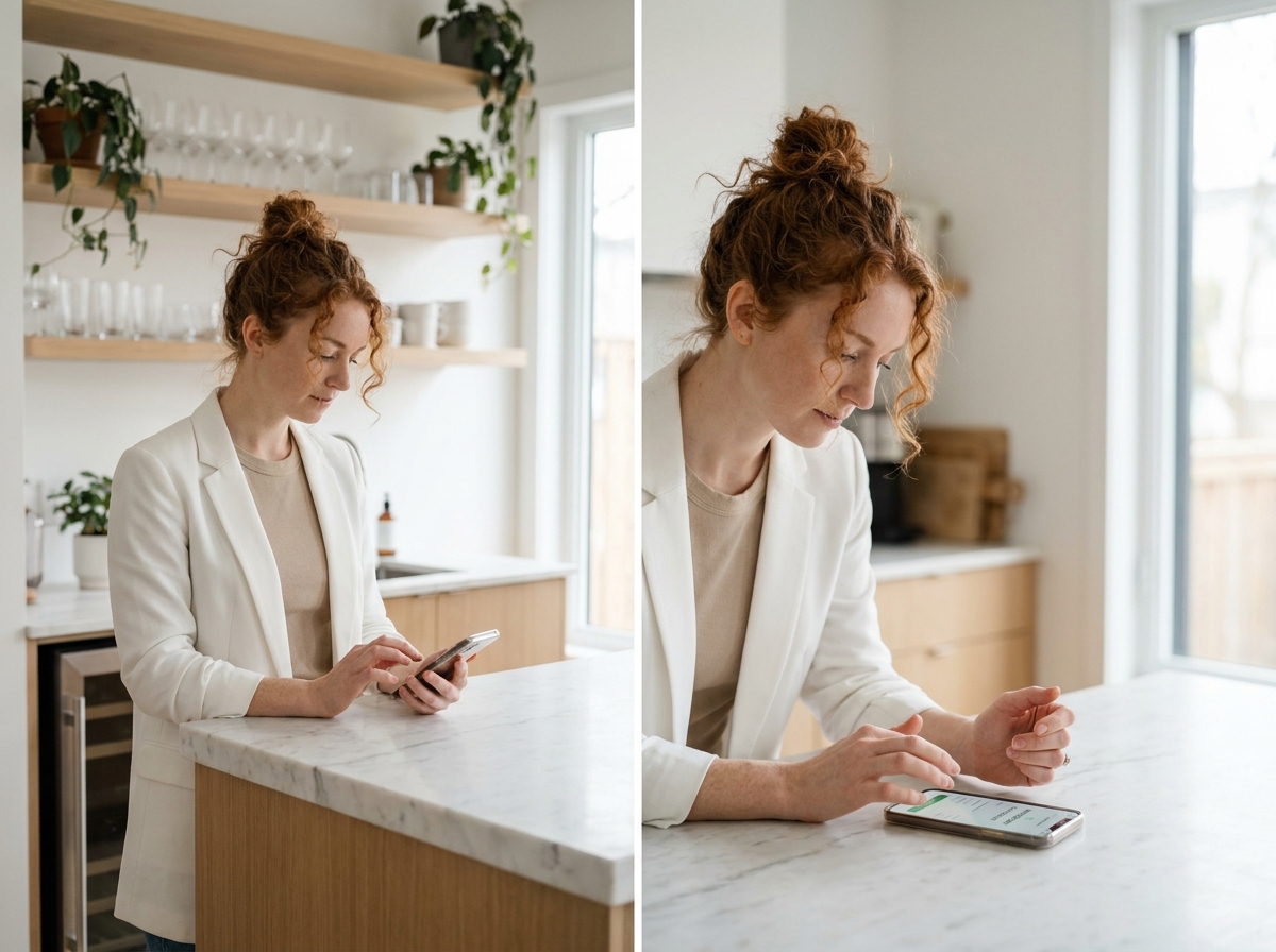 Freelance envoyant une facture depuis une application mobile dans une cuisine moderne