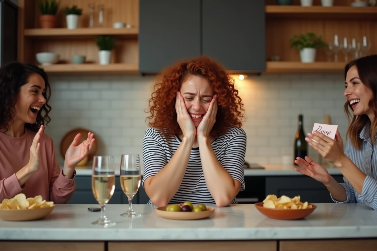 Femme réagissant avec humour à un gage lors d'une soirée jeu alcool palmier en appartement