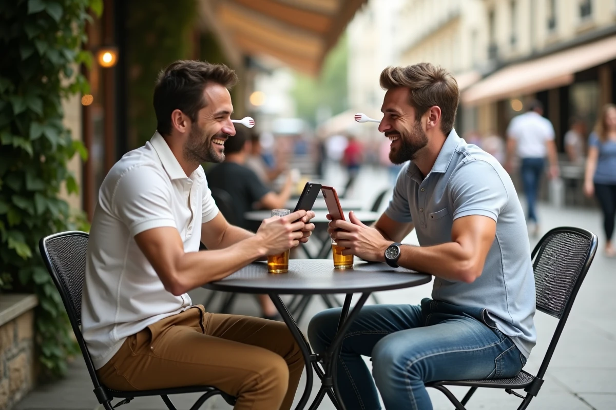 Deux hommes jouant un gage amusant au jeu du palmier en terrasse de café lors d'un apéro entre amis