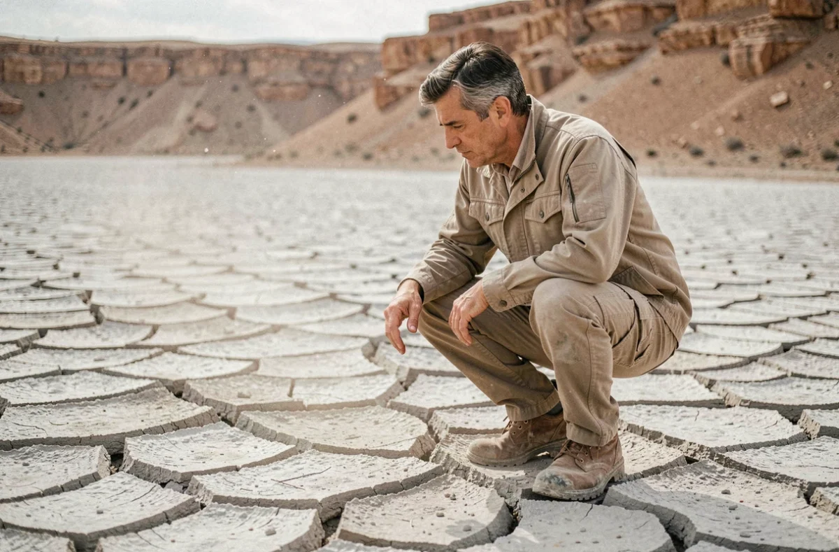 Géologue étudiant un lit de lac asséché aux fissures polygonales dans un désert aride, illustrant les effets de la sécheresse extrême et des risques géologiques désertiques