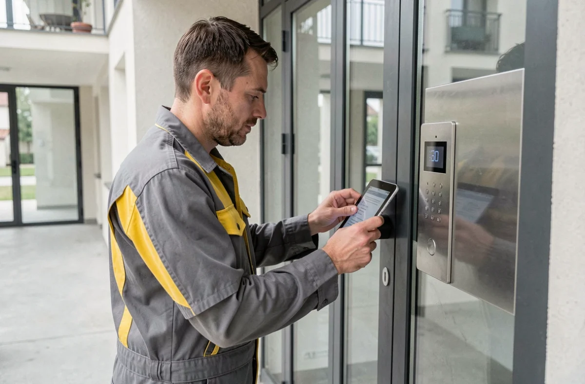 Technicien de Georges Assistances installant un système d'entrée à code numérique sur un immeuble