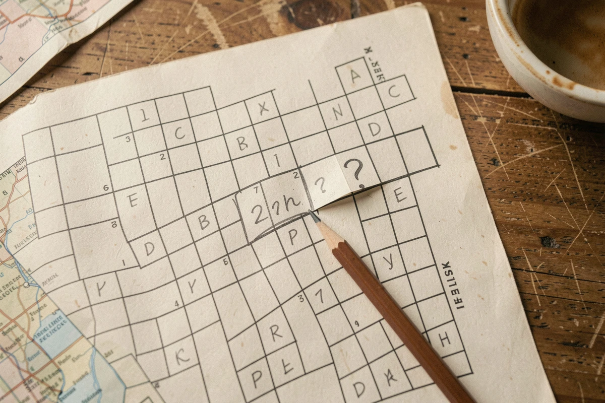 Gros plan d'une grille de mots croisés avec des lettres manuscrites au crayon et une carte du Nevada