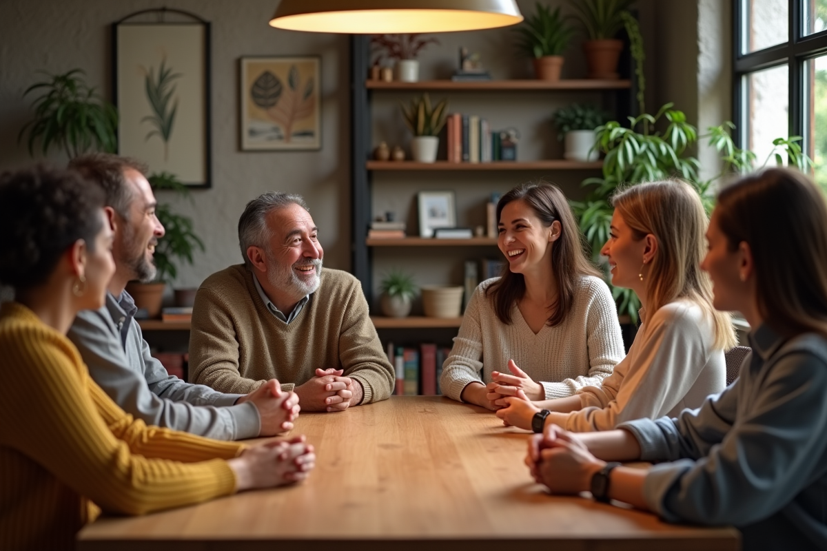 Groupe d'adultes divers discutant autour d'une table chaleureuse
