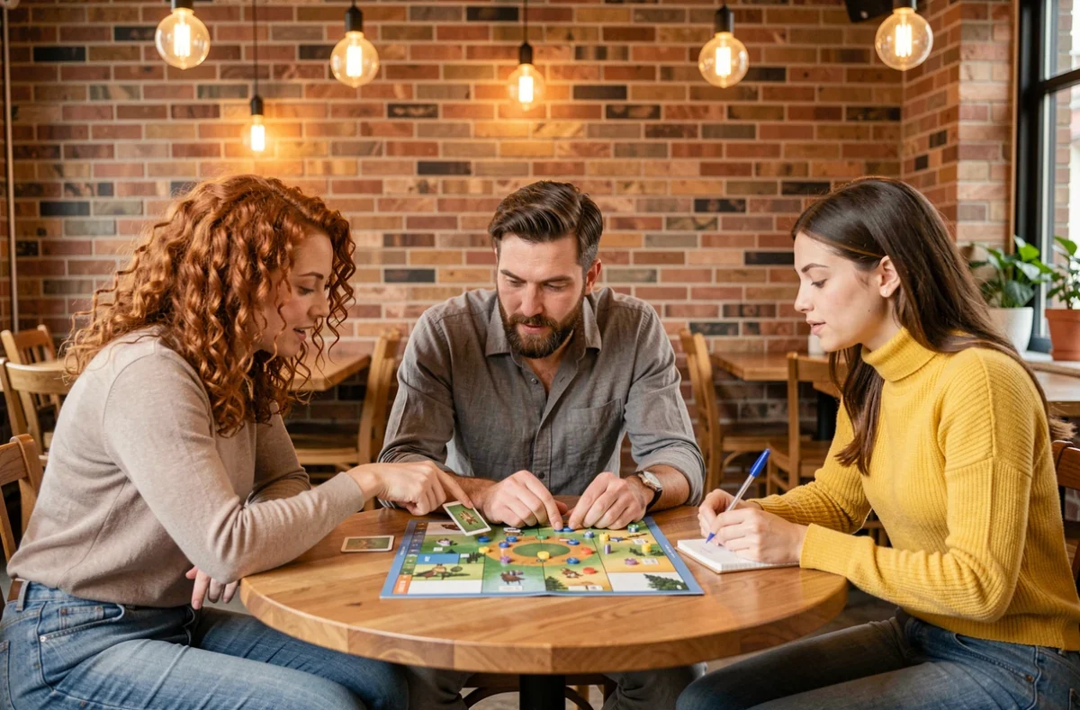 Groupe d'adultes jouant et discutant du jeu X autour d'une table dans un café urbain