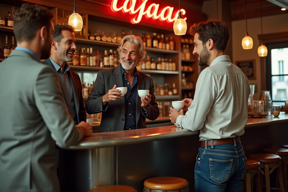 Groupe de trois adultes français au comptoir d'un café-tabac parisien, illustrant les expressions et phrases clichés de beaufs dans un contexte quotidien