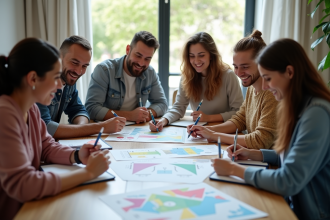 Groupe de personnes discutant autour d'une table avec dessins