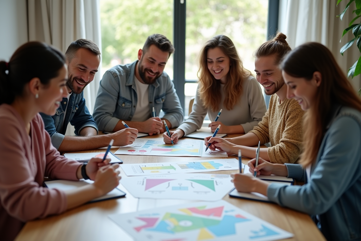 Groupe de personnes discutant autour d'une table avec dessins