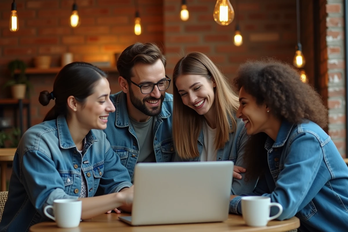 Groupe de jeunes adultes explorant les nouvelles tendances d'une plateforme de découverte de contenu sur laptop dans un café
