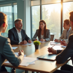Groupe de professionnels en réunion dans un bureau lumineux