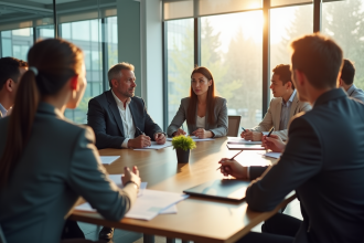 Groupe de professionnels en réunion dans un bureau lumineux