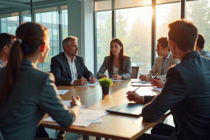 Groupe de professionnels en réunion dans un bureau lumineux
