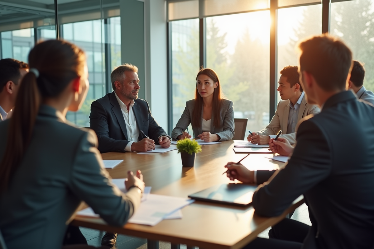 Groupe de professionnels en réunion dans un bureau lumineux
