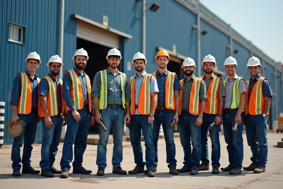 Groupe de travailleurs fiers devant un bâtiment industriel