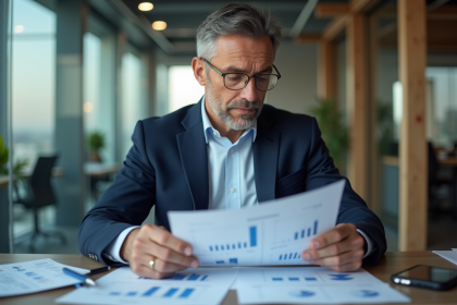 Homme d'affaires en costume bleu dans un bureau moderne