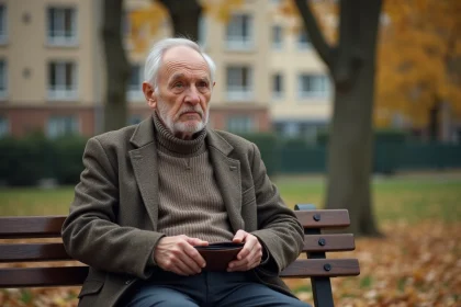 Homme âgé assis sur un banc dans un parc en automne