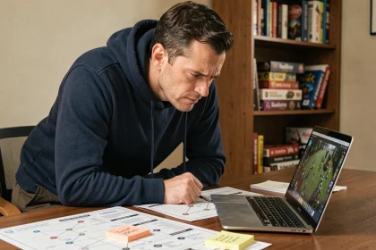 Homme adulte concentré analysant les règles du jeu X sur son bureau avec des notes et un ordinateur portable