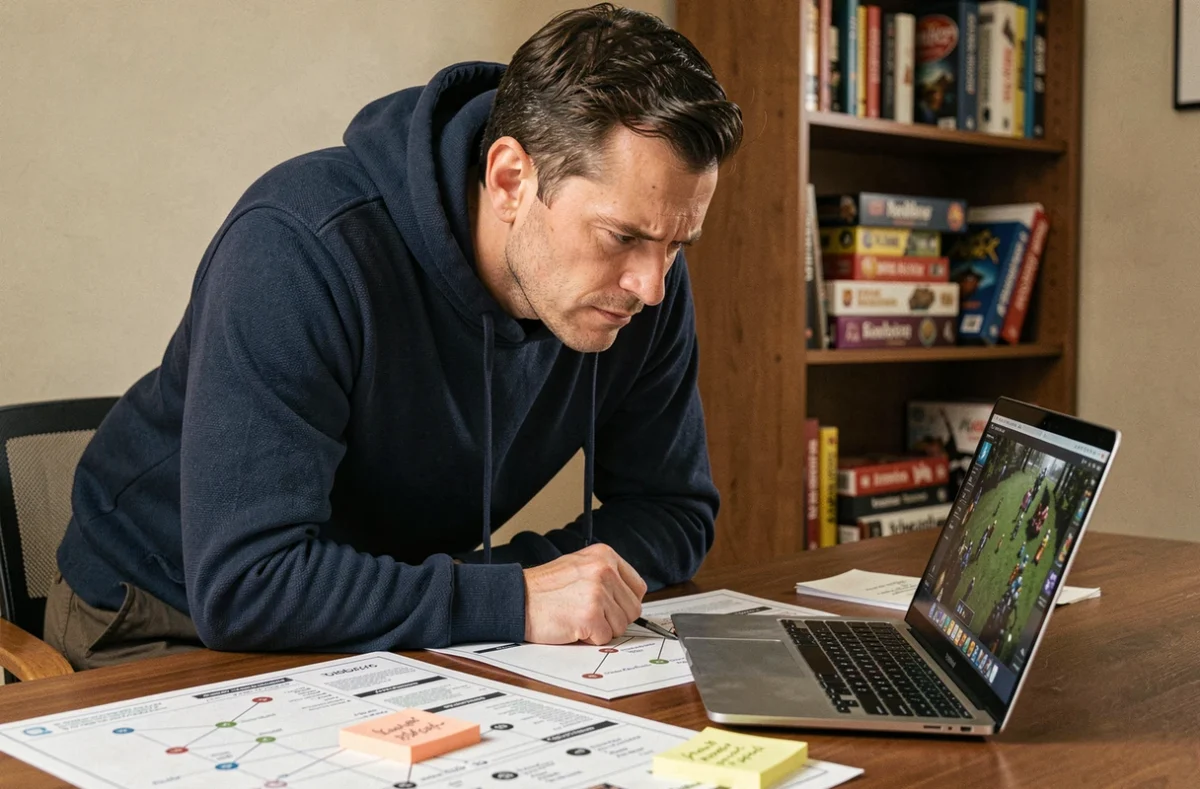Homme adulte concentré analysant les règles du jeu X sur son bureau avec des notes et un ordinateur portable