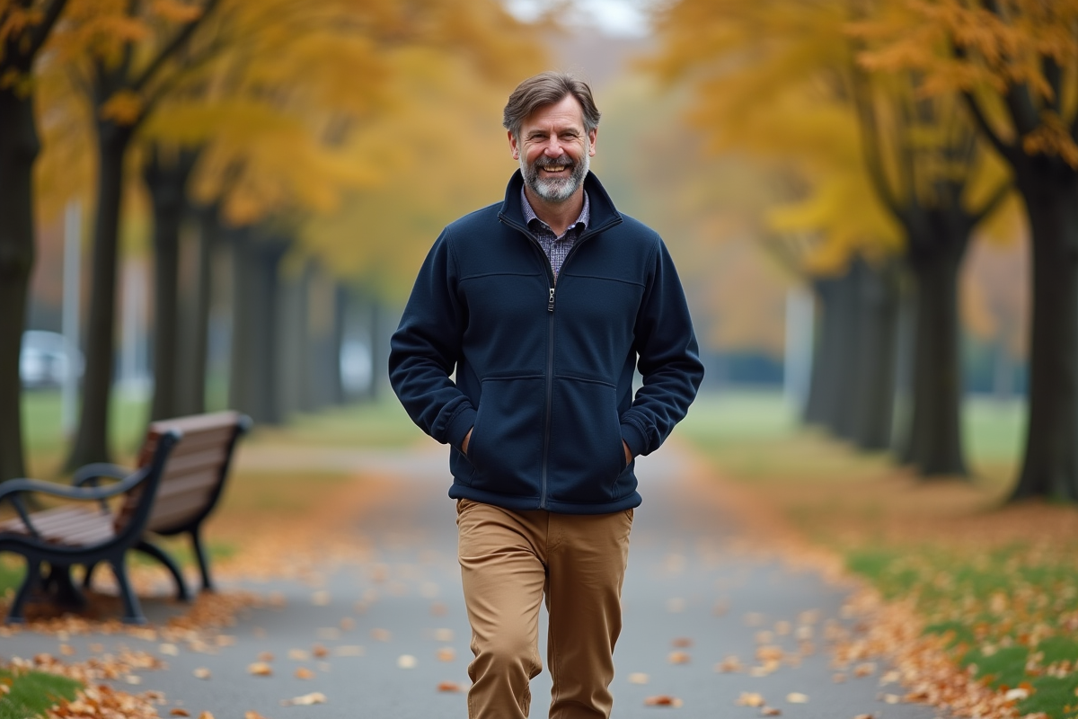 Homme marchant dans un parc en automne avec feuilles