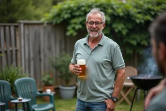Homme d'âge moyen en polo tenant une bière lors d'un barbecue en jardin, illustrant les phrases clichés de beaufs entre amis