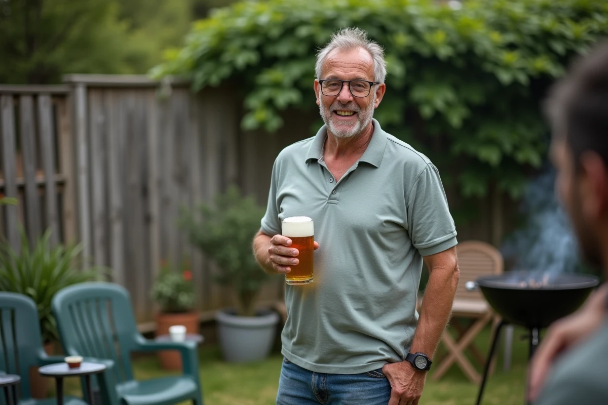 Homme d'âge moyen en polo tenant une bière lors d'un barbecue en jardin, illustrant les phrases clichés de beaufs entre amis