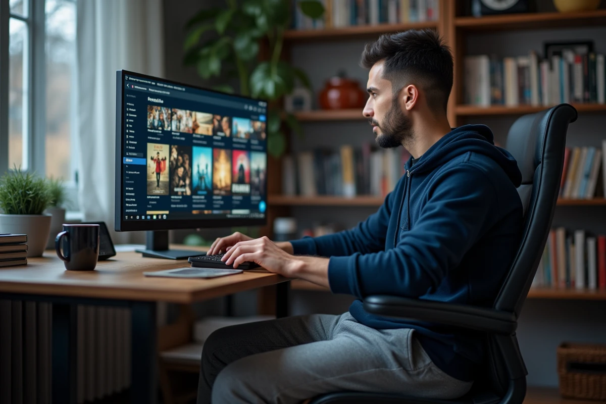 Homme consultant un catalogue de films en ligne sur un écran d'ordinateur de bureau à domicile