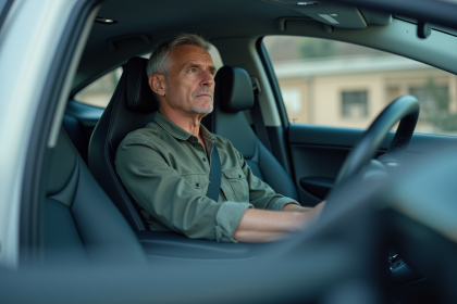 Homme d'âge moyen dans une voiture électrique moderne