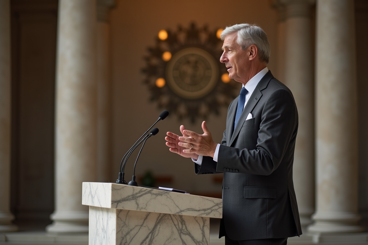 Homme en costume noir parlant au podium dans une banque