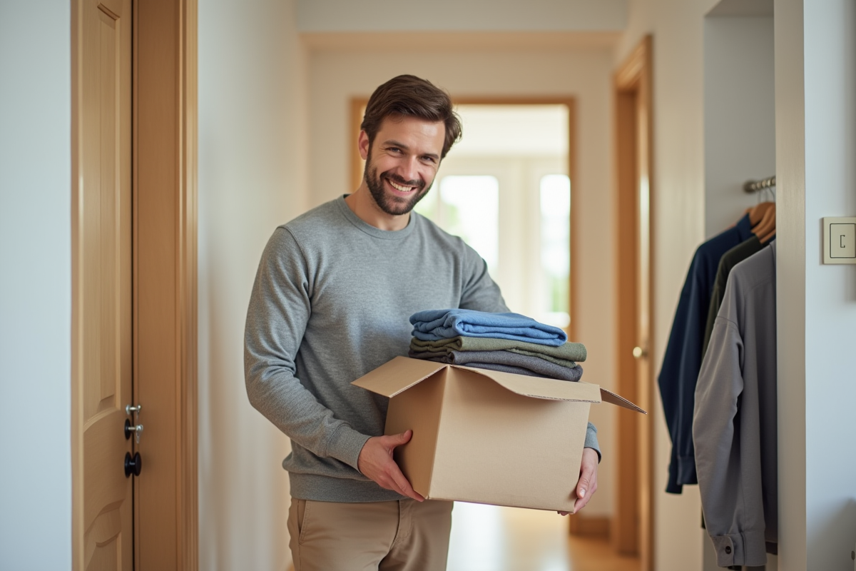 Jeune homme donnant des vêtements dans une entrée lumineuse