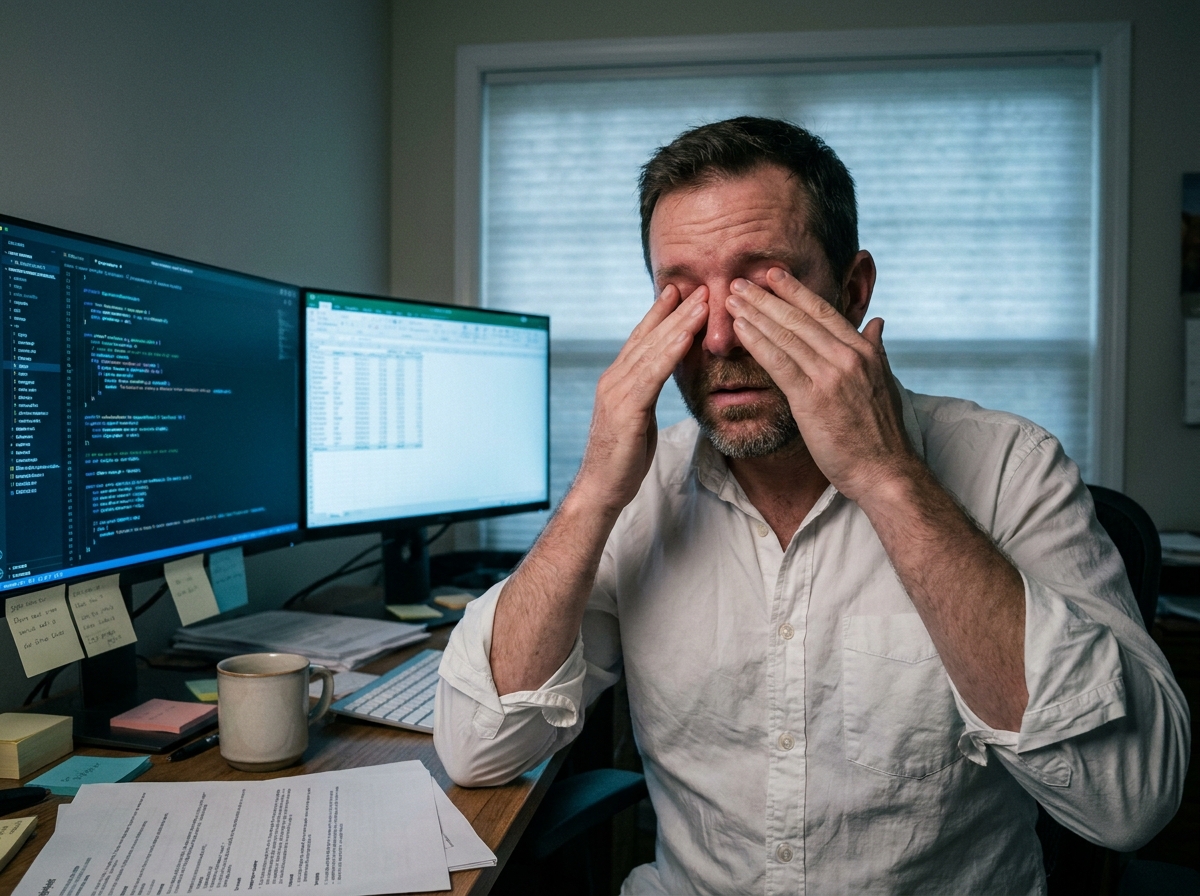 Homme fatigué se frottant les yeux devant deux écrans d'ordinateur lors d'une longue session de télétravail