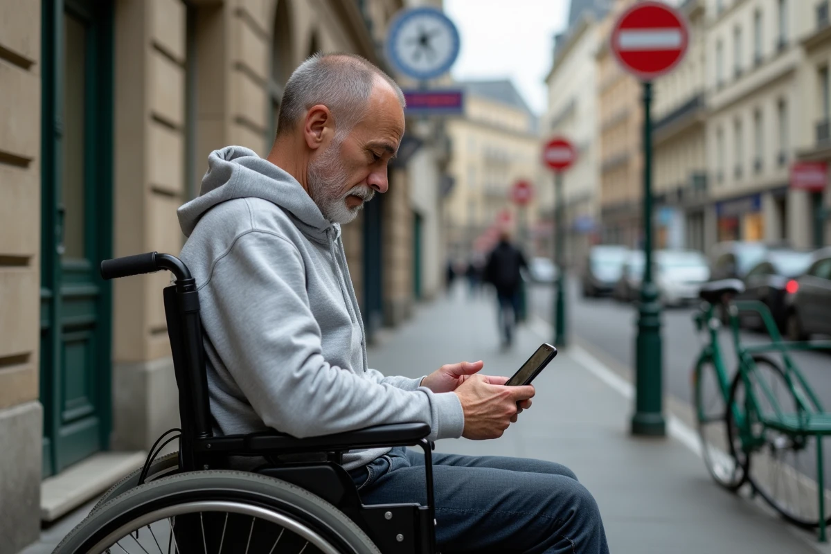 Homme en fauteuil roulant motorisé cherchant un bureau de tabac accessible sur son smartphone dans une rue française