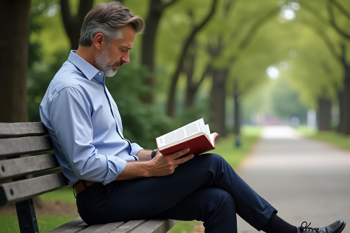 Homme lisant un livre dans un parc en plein air