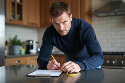 Homme d'âge moyen mesurant un plan de travail en inox dans une cuisine moderne