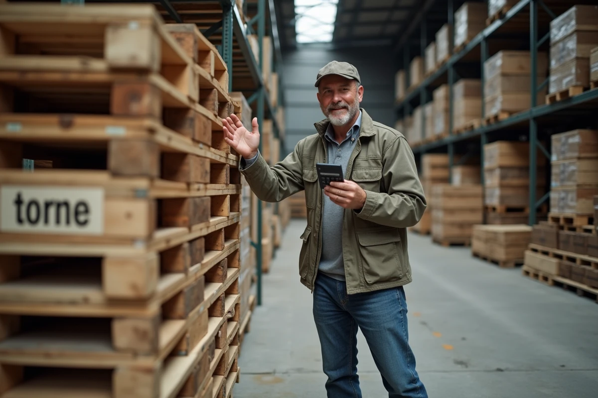 Homme avec calculatrice devant palette de bois marquée 1 tonne